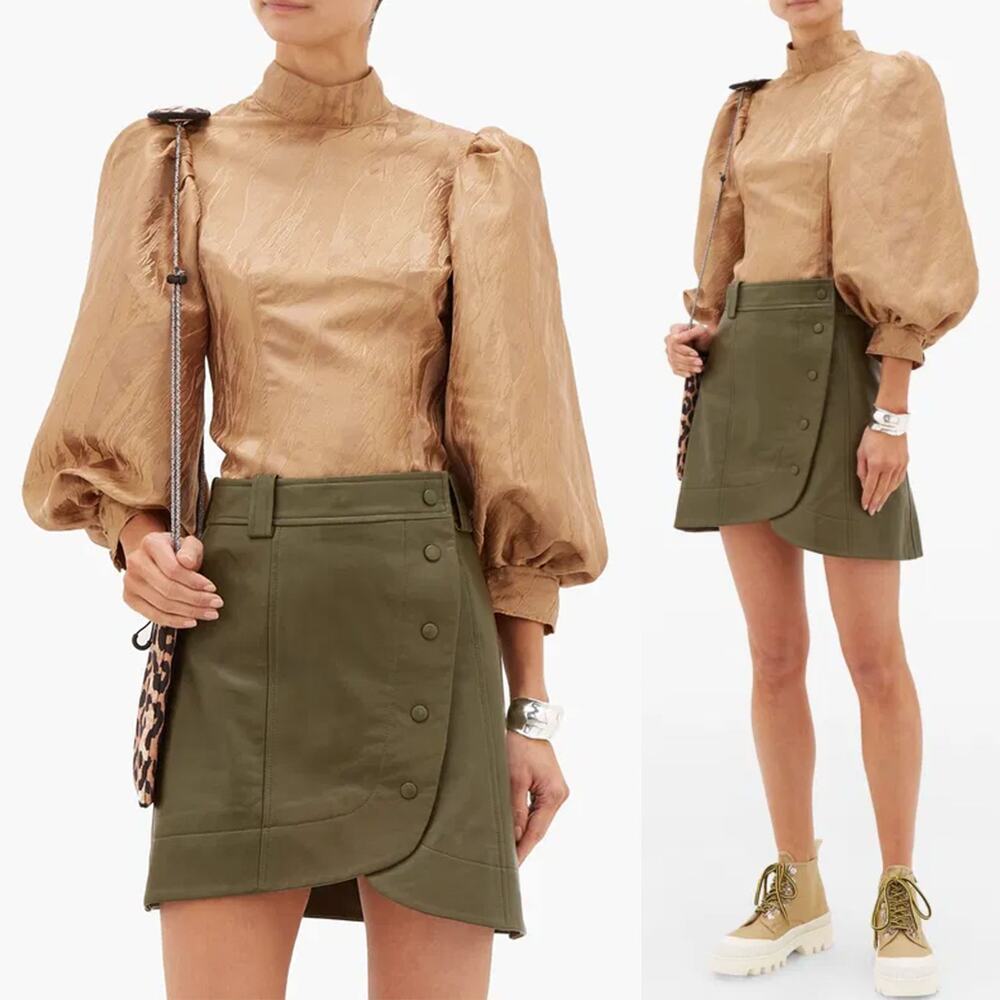 GANNI NWT Satin Brocade Jacquard Puff Sleeve Blouse Top in Gold Size 8/10